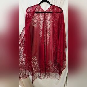 Floral Lace And Fringe Shawl With Sleeves
